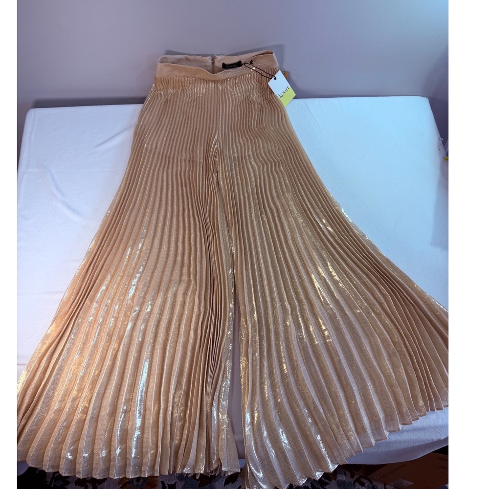 Kourt Wide Leg Pants Champagne Gold Metallic Pleated Boho Festival LuxuryShimmer